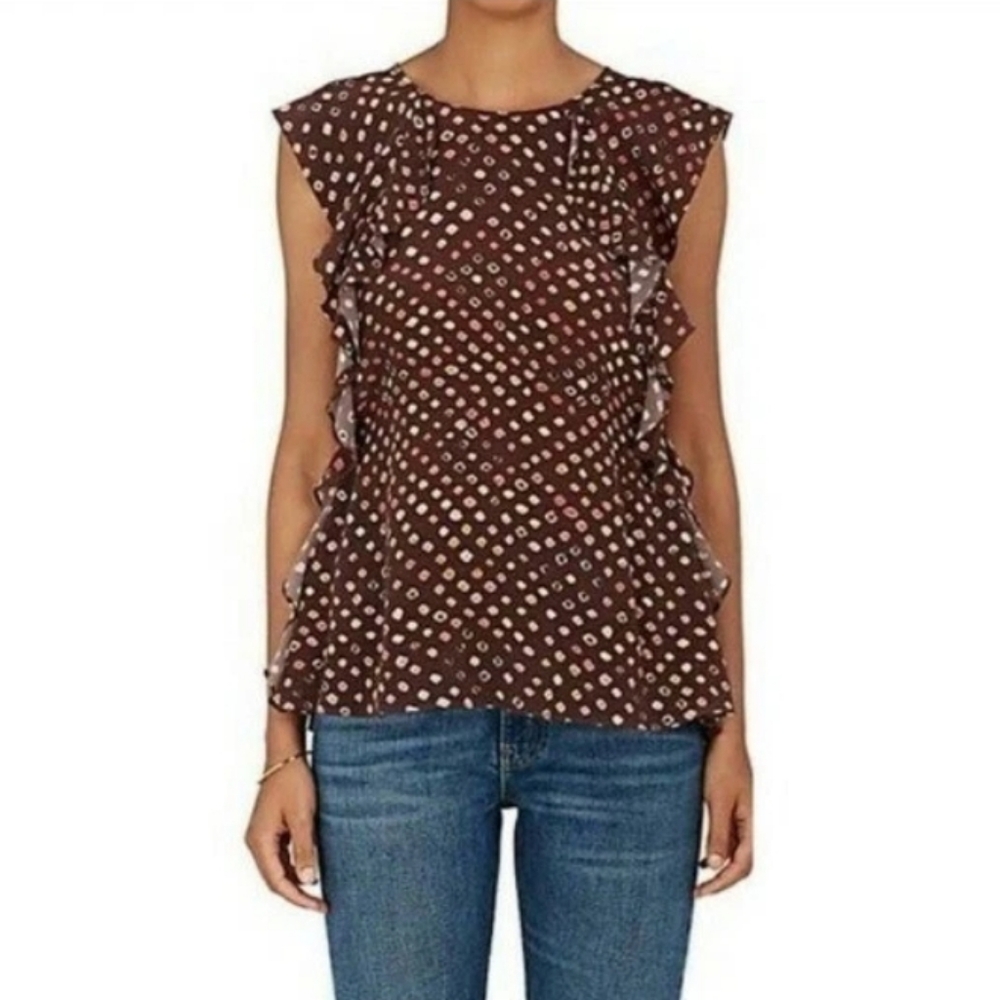 Ulla Johnson Caprice 100% Silk Ruffle Polka Dot Blouse Plum Burgundy Size 8 Boho